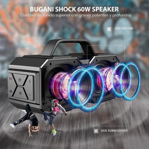 Vista 4 de BUGANI Altavoz Bluetooth de choque, portátil Bluetooth 5.3, impermeable, 60 W súper potencia, altavoz al aire libre, negro (nuevo modelo)