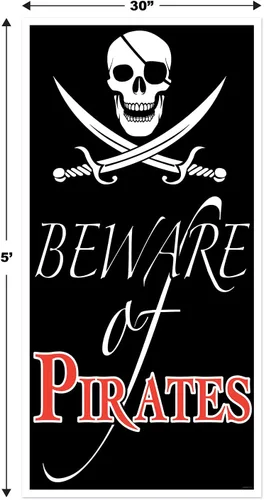 Vista 3 de Beistle Cubierta de plástico para puerta con texto en inglés "Beware of Pirates", 5 x 30 pulgadas, letrero de calavera y espadas, decoración