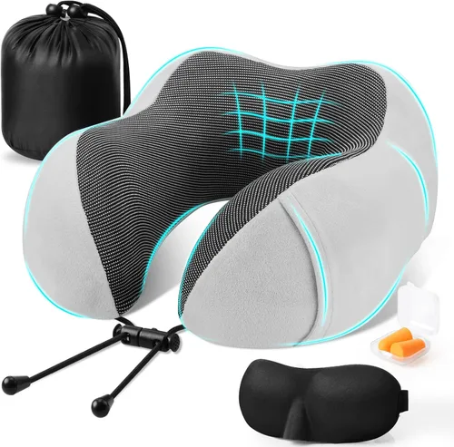 Vista 23 de CloudBliss Almohada de viaje de espuma viscoelástica de alta calidad, almohada cervical cómoda y de apoyo, almohadas cervicales para viajar Negro