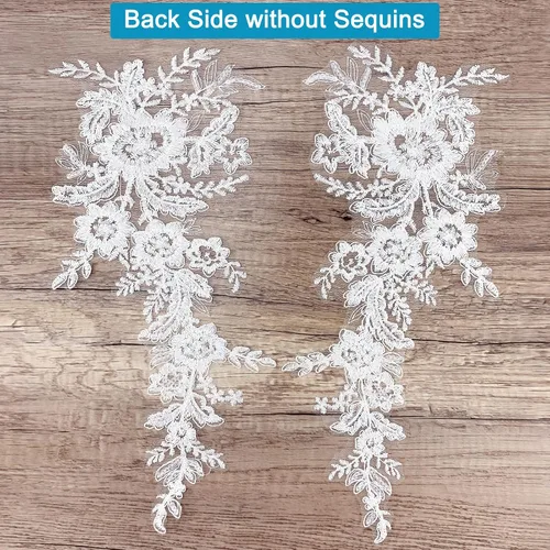 Vista 5 de 1 par de apliques de encaje con bordado de flores de lentejuelas, parches para coser para boda, vestido de novia, vestido de fiesta, ropa, corpiño