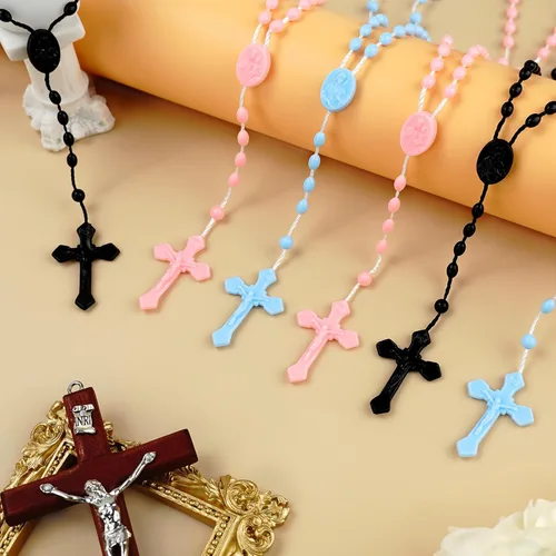 Vista 3 de 12 cuentas de rosario de plástico negro, collares de rosarios católicos a