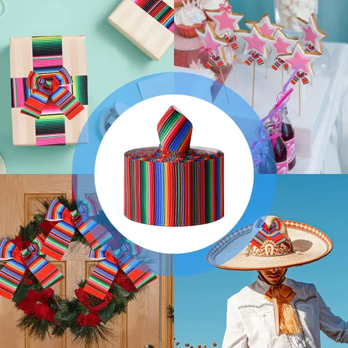 Vista 4 de Cinta de Serape mexicano para fiesta, 4 rollos de cinta de rayas de arco iris, cinta mexicana para fiesta, cinta de grogrén colorida para envolver