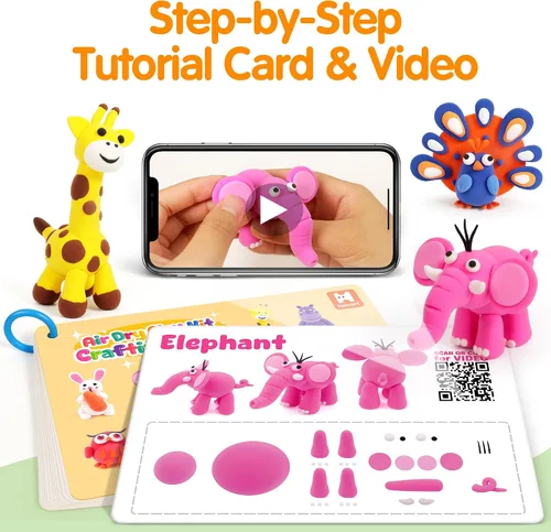 Vista 3 de Kit de arcilla de secado al aire para niños, 12 animales de arcilla para modelar con tarjetas tutoriales y video, 8 herramientas de escultura