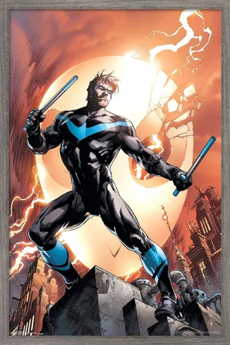 Vista 11 de Trends International DC Comics Nightwing - Póster de pared de fuego, 14.725 x 22.375 pulgadas, versión enmarcada de madera de granero