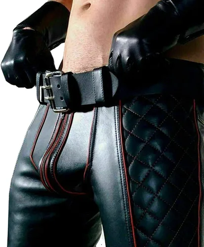 Vista 2 de Pantalones de cuero occidentales de vaquero de moda tradicional nativo americano Lederhosen Biker Pantalones de cuero para hombres