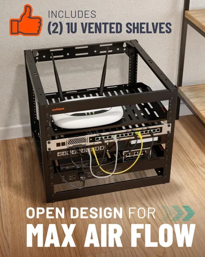 Vista 5 de ECHOGEAR Bastidor de red de 10U - Diseño de 4 postes resistente para montaje en pared, con estructura abierta que incluye 2 estantes ventilados