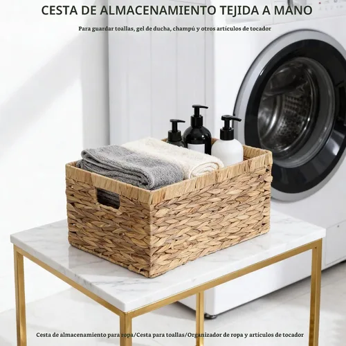 Vista 2 de Caja de cesta tejida de jacinto de agua natural rectangular con asa, Kingwillow. (Pequeño)
