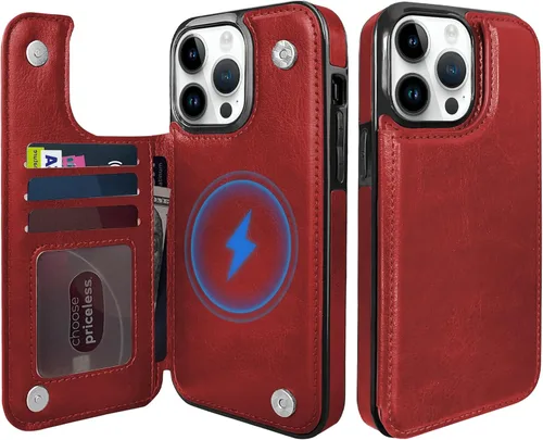 Vista 8 de Funda magnética tipo cartera con tapa para iPhone 14Pro Max de 6.7 pulgadas, compatible con MagSafe, soporte de cuero con soporte para tarjetas