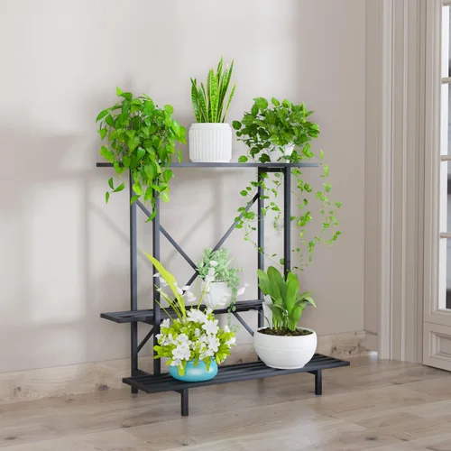 Vista 8 de Zhongma Soporte para plantas de 3 niveles que ahorra espacio, resistente para balcón, hogar, jardín, soporte de metal resistente para plantas