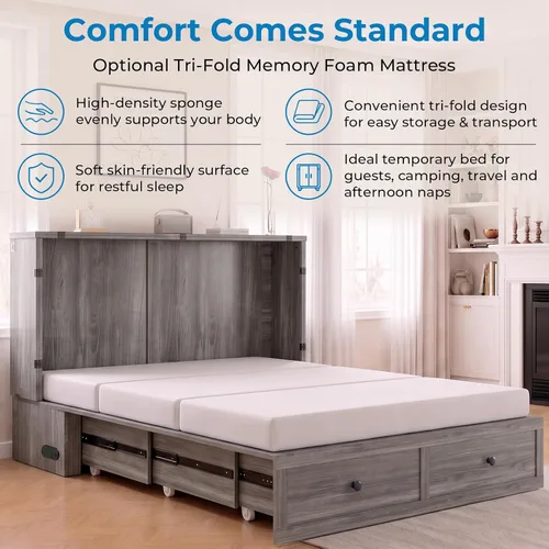 Vista 6 de Mjkone Murphy - Cama de armario con colchón plegable de tres pliegues, tamaño matrimonial, color gris