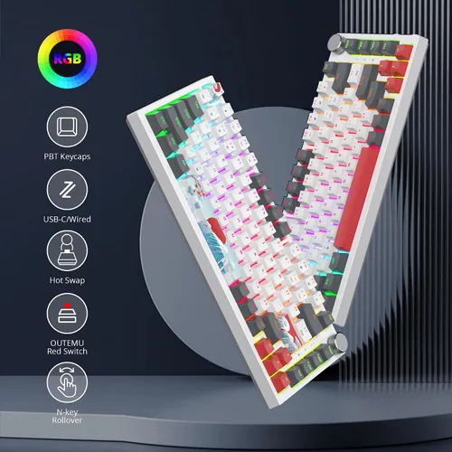 Vista 2 de Junta de teclado 75% montada con almohadillas absorbentes de sonido, teclado mecánico RGB compacto de 82 teclas con cable para juegos, enchufe