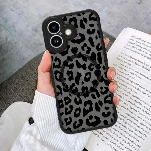 Vista 4 de Funda magnética para iPhone 17, estampado de leopardo negro [Compatible con MagSafe] Linda funda translúcida mate con parte trasera dura, a prueba