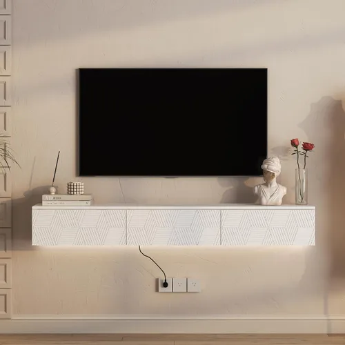 Vista 19 de Soporte flotante para TV montado en la pared con 20 LED de color, soporte de TV moderno de 63 pulgadas, gabinete de TV flotante centro