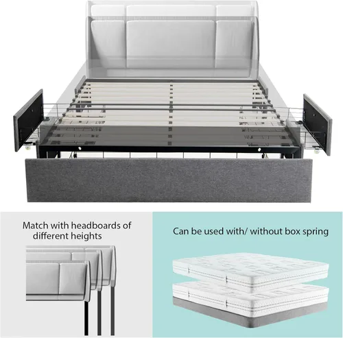 Vista 4 de KOMFOTT Base de cama tamaño Queen con 3 cajones, plataforma tapizada de tela, base de colchón con soporte de listones de madera, no necesita somier