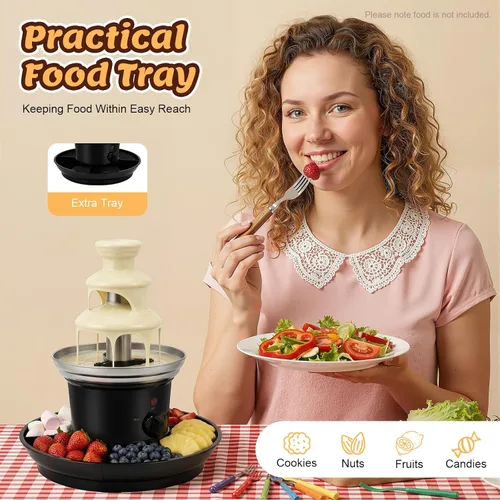 Vista 8 de Fuente de chocolate, fuente de fiesta de acero inoxidable de 3 niveles con bandeja de alimentos y tenedor, máquina eléctrica de fuente de fondue
