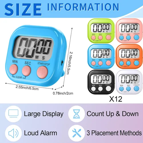 Vista 2 de Macarrie Temporizador digital de cocina de 72 piezas, temporizadores magnéticos a granel para aula, pantalla LCD, alarma fuerte, temporizador