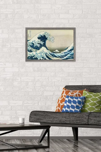Vista 2 de Hokusai - Póster de pared The Great Wave Off Kanagawa, 22.4 pulgadas de largo x 14.7 pulgadas de ancho, versión enmarcada de madera de granero