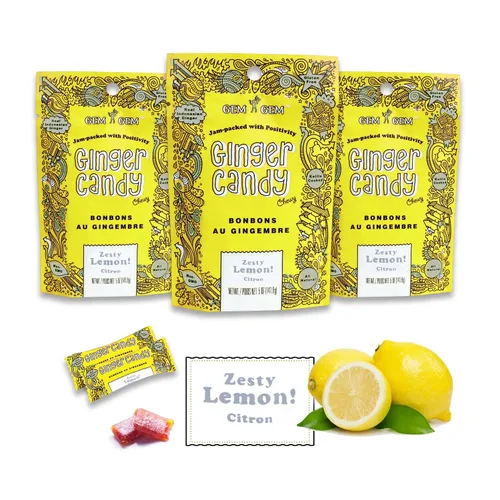 Vista 23 de Gem Gem Caramelos de jengibre masticables de sabor a limón, muestras de degustación de 1.25 oz
