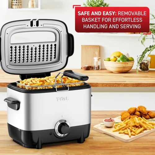 Vista 2 de T-fal Mini freidora, freidora de acero inoxidable con canasta, 1 litro, control de temperatura versátil, 900 vatios, control de temperatura, fácil