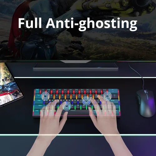 Vista 5 de Protable - Teclado mecánico para juegos al 60%, mini compacto RGB retroiluminado 61 teclas, teclado de oficina con cable con interruptor rojo