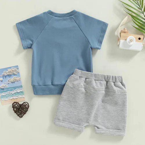 Vista 37 de Conjunto de traje de verano para bebé niño pequeño, manga corta, cuello redondo, letras impresas, lindo traje de verano, conjunto de 2 piezas