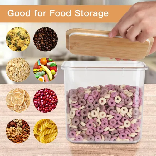 Vista 2 de Recipientes de plástico de gran capacidad para almacenamiento de alimentos con tapa de bambú, caja de sellado a prueba de humedad con tapas