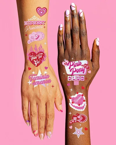 Vista 4 de xo, Fetti Pink Pony Club - Tatuajes temporales – 54 piezas de papel de aluminio iridiscente Fiesta de despedida de soltera de vaquera, recuerdos