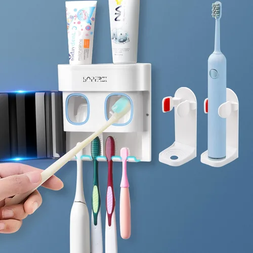 Vista 7 de Boperzi Soporte para cepillo de dientes con cubierta a prueba de polvo montado en la pared Dispensador automático para baño con ducha Juego con 2