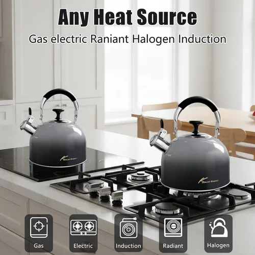 Vista 5 de Tinlon - Tetera esmaltada de 2.5 cuartos de galón para estufa, color negro Hervidor de cocina de acero inoxidable con mango plegable para agua