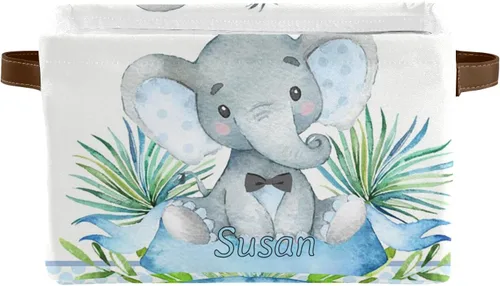 Vista 8 de Canasta de almacenamiento personalizada de elefante verde azulado con nombre, caja de almacenamiento grande con asas para el hogar, oficina