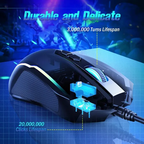 Vista 4 de Ratón para juegos con cable, ergonómico USB para computadora con 8 botones programables, ratón óptico para juegos con 16.8 millones