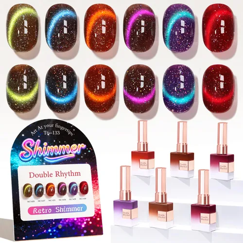 Vista 22 de Double Rhythm - Juego de esmalte de uñas de gel ojo de gato de 6 unidades, mismo color, misma botella, 14.8 ml, brillo con glitter, con imán Aurora
