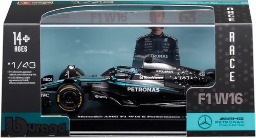 Vista 6 de Bburago Fórmula de carrera Mercedes W16 con casco (2025) Russell #63