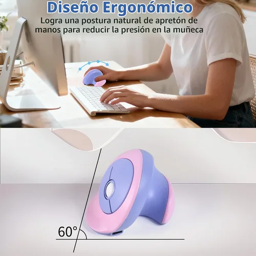Vista 3 de Ratón inalámbrico ergonómico vertical con Bluetooth y receptor USB de 2.4 GHz, 3 botones, recargable, silencioso, portátil, óptico, inalámbrico, Azul