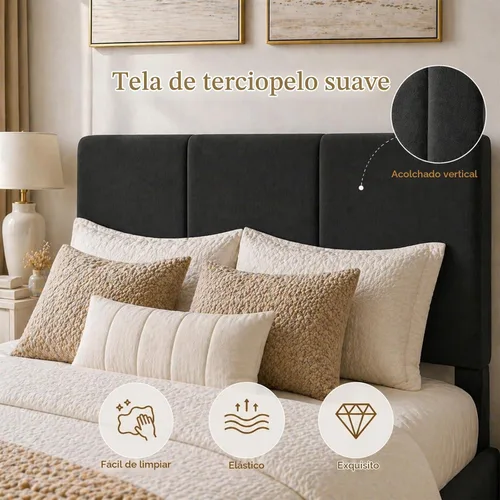 Vista 4 de Marco de cama tamaño Queen con cabecero – Marco de cama de plataforma resistente tapizado con canales verticales acolchados elegante con listones