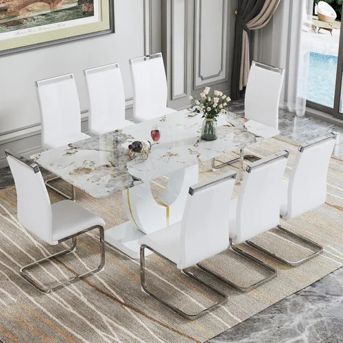 Vista 37 de JUFU Juego de mesa de comedor moderno para 4, juego de mesa de cocina rectangular de 63 pulgadas con mesa de mármol sintético y 4 sillas tapizadas