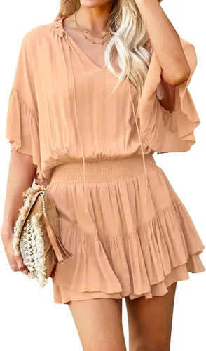 Vista 2 de CHARTOU Vestido plisado de gasa de gran tamaño para mujer, con mangas con volantes, para playa, con vuelos