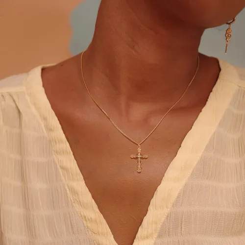 Vista 108 de Fettero - Collar con dije de cruz de fe, chapado en oro de 14 K, cadena fina, minimalista, simple, pequeña, para oración, regalo de joyería religiosa