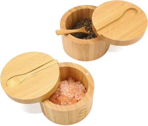 Vista 11 de Sal de bambú HTB con mini cuchara y tapa giratoria magnética Kitchen Salt Box 8 Oz for Countertop,Round Salt Container to Storage Pepper Spice