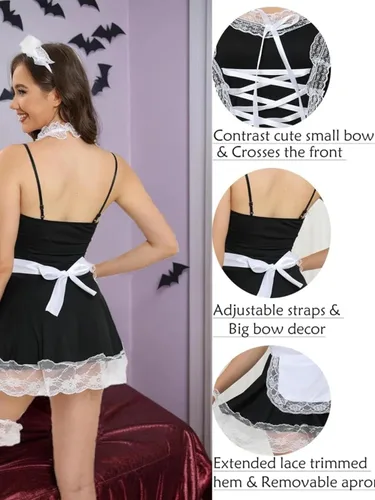 Vista 4 de JasmyGirls Lencería sexy de sirvienta para mujer, traje de sirvienta francesa, disfraz de anime, juego de rol, delantal travieso