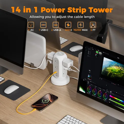 Vista 3 de Regleta con protector contra sobretensiones TESSAN, cable de extensión retráctil de 5 pies con múltiples tomas, 11 tomas con estación de carga de 3