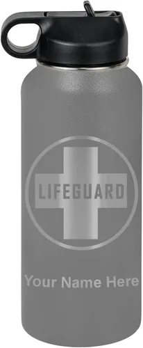 Vista 48 de LaserGram Botella de agua personalizada, salvavidas, acero inoxidable de doble pared aislada al vacío con popote superior, regalo grabado Negro