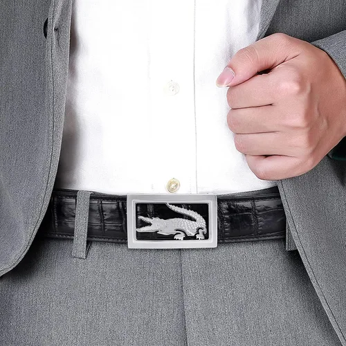 Vista 2 de PIJUSHI Cinturón de cuero de cocodrilo para hombre con hebilla de placa, cinturón de cuero para hombre