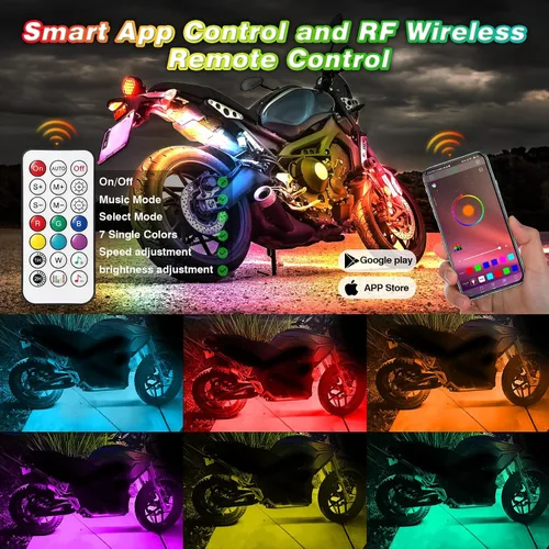 Vista 2 de 8 piezas de kit de luces LED para motocicleta Chasing Dreamcolor con/APP/control remoto RF, señal de giro y freno, tira de luces LED subterráneas