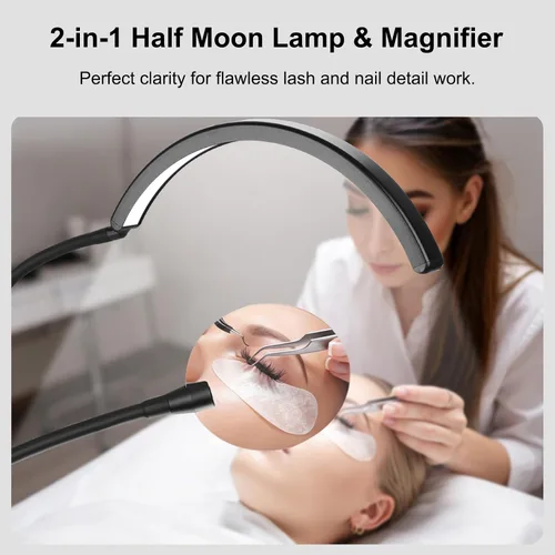 Vista 4 de Half Moon Desk Lash Light with 2X Magnifier, 2-in-1 Dual Arm Gooseneck Clamp Lamp for Eyelash Extension, Shadow-Free Esthetician Light, Adjustable