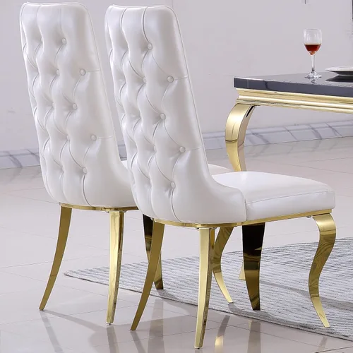 Vista 3 de AUZ Sillas de comedor blancas y doradas, sillas tapizadas de piel sintética blanca con respaldo copetudo y patas curvadas de acero inoxidable