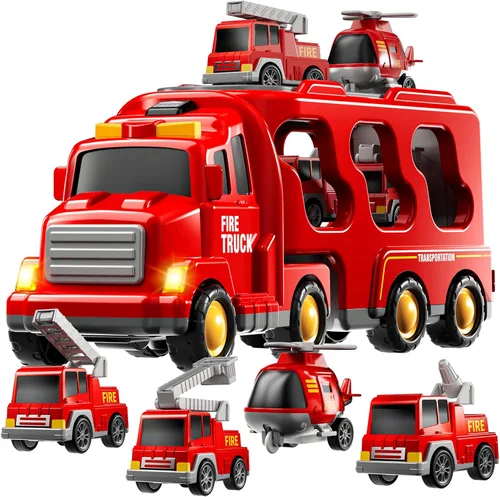 Vista 12 de Juego de Juguetes de Ambulancia para Niños Pequeños de 1-3 y 3-5 años, Juego de Camión Transportador con Coches de Juguete, Luz y Sonido, Juguetes