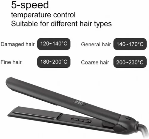 Vista 4 de Plancha de pelo profesional, negro, plancha plana de titanio con pantalla LCD, placa caliente MCH, cable giratorio de 360°, calentamiento rápido