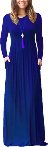 Vista 17 de GRECERELLE Vestido largo de manga larga para mujer, casual, cuello redondo, holgado, sólido floral, maxi largo con bolsillos, S-3XL A-Negro