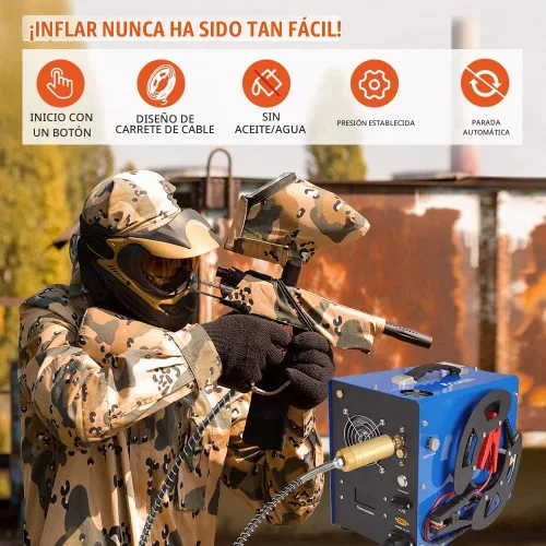 Vista 2 de TOAUTO - Compresor de aire PCP A3, diseño único vertical+carrete de alambre, parada automática, sin aceite/agua, 4500Psi/30Mpa, conector rápido